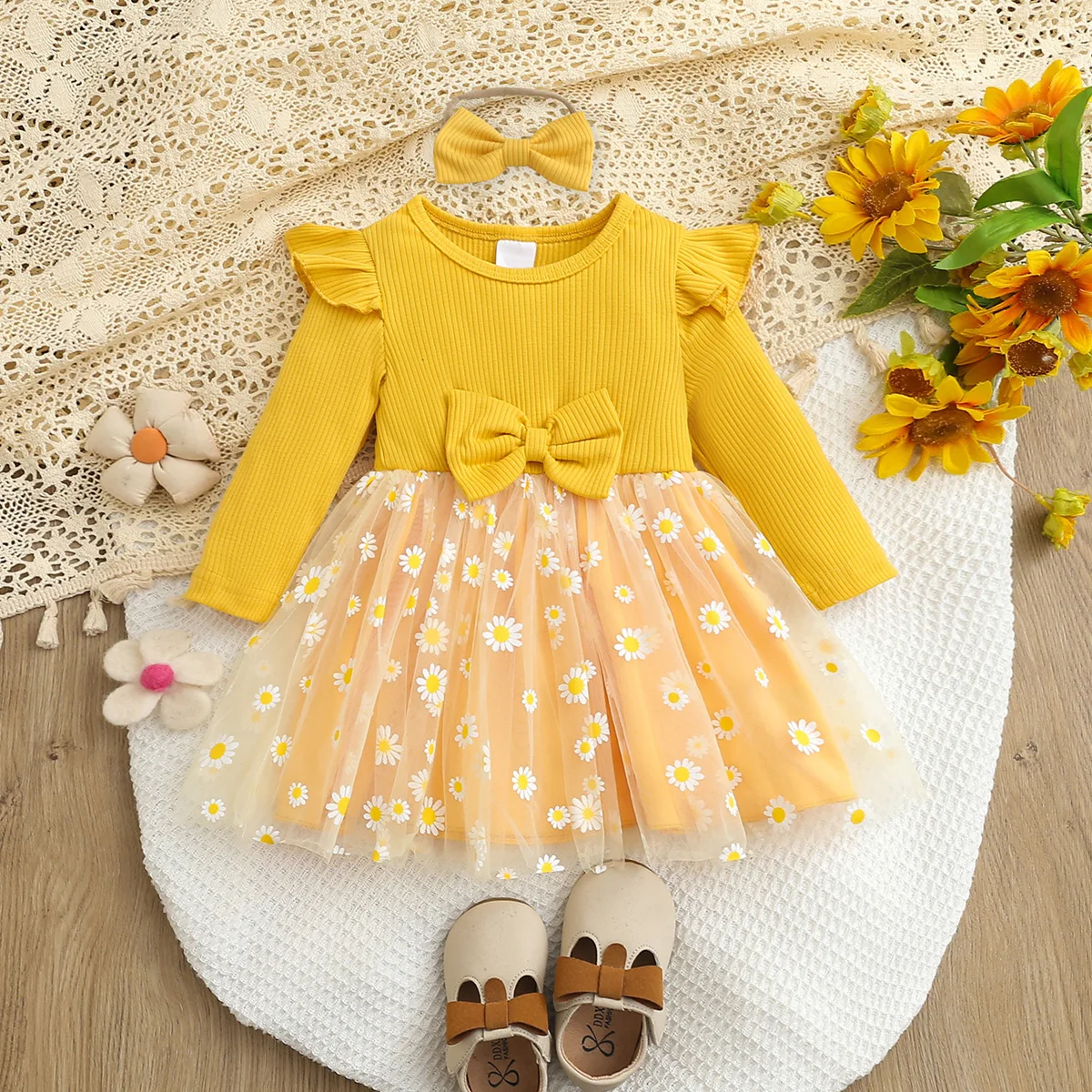 

Girls Daisy Yellow Tulle Dress with Hairband Spring Autumn Cute Baby Girl Outfit Floral Print Skirt Set