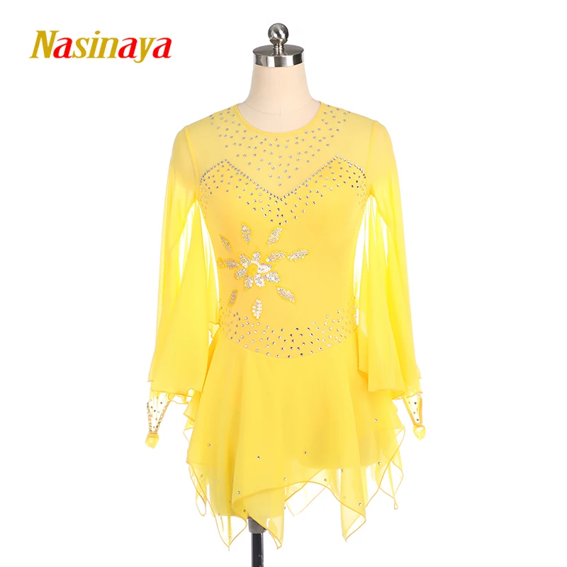 

2023 Custom Figure Skating Dress Women'S/Women'S Skating Dress Sky Yellow Lace Rhinestone High Elasticity