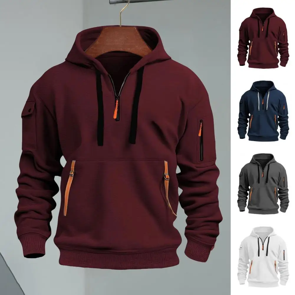 Men Solid Color Hoodie Men's Fall Winter Hoodie with Arm Pocket Strap Decor Casual Sport Top for Daily Wear Strap Decor Men