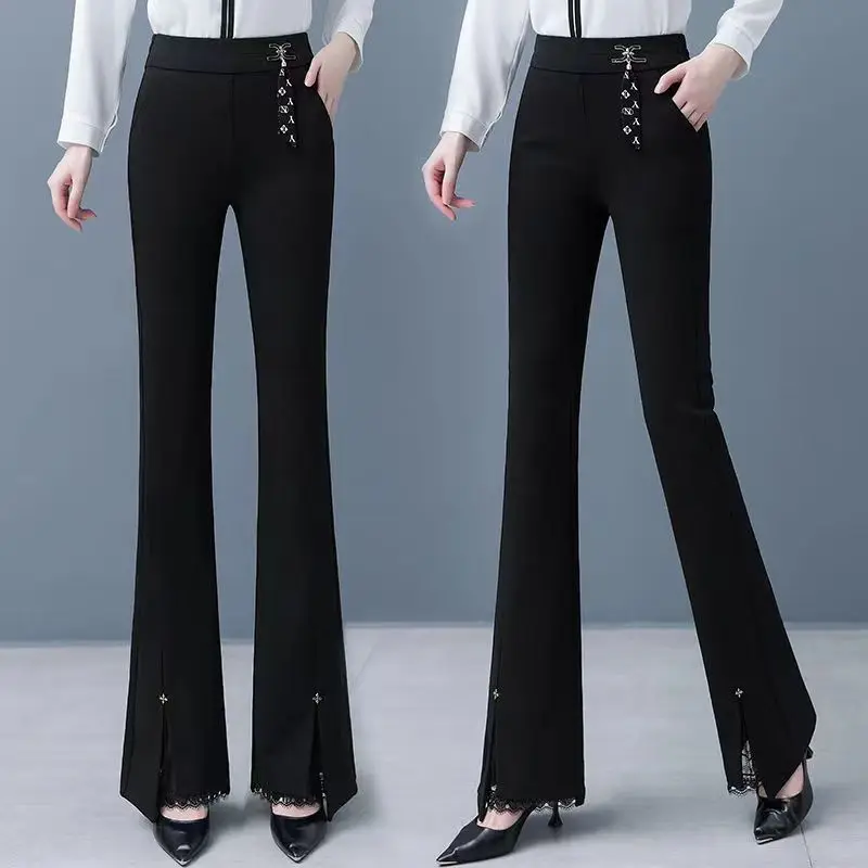 Calça flare de cintura alta de cor sólida feminina, elegante, casual, versátil, pendulares ocidentais, confortável, moda jovem, outono, inverno