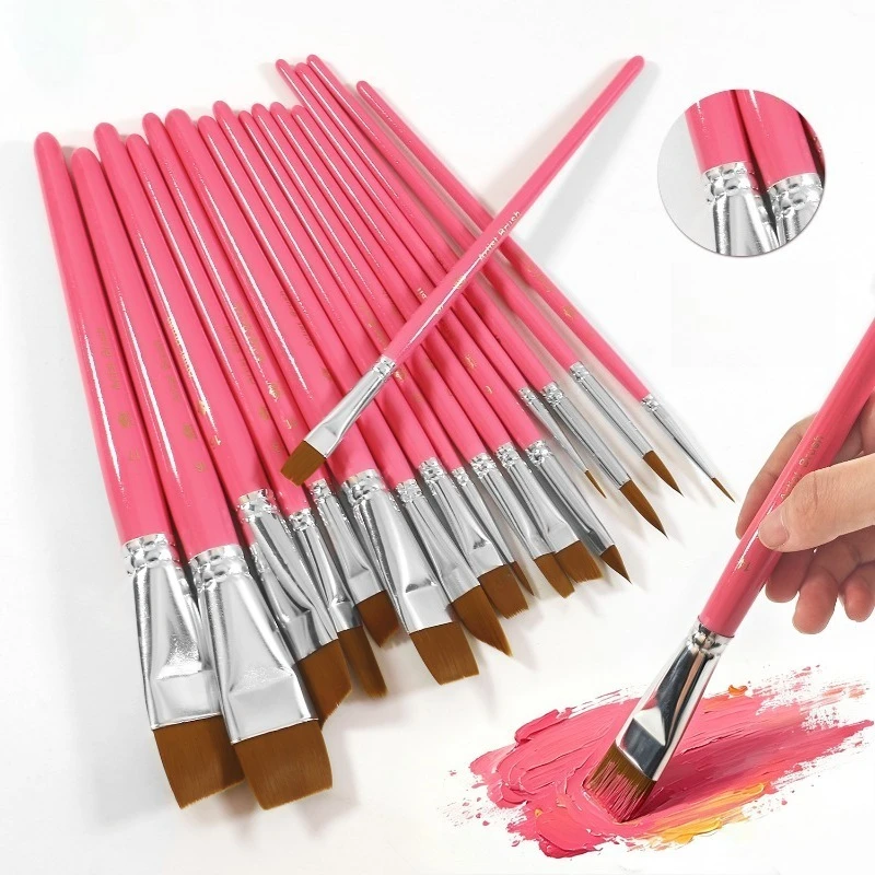 17pcs Pink Wood Handle Nylon Paint Brushes Set, Kids Watercolor Outline & Oil Painting Art Brush Kit Office & School Supplies