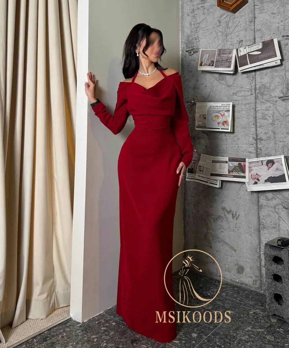 Msikoods エレガントなレッドフォーマルガウン長袖ウエディングドレスオフショルダーホルターネックパーティードレスイブニングドレス女性用カスタマイズ