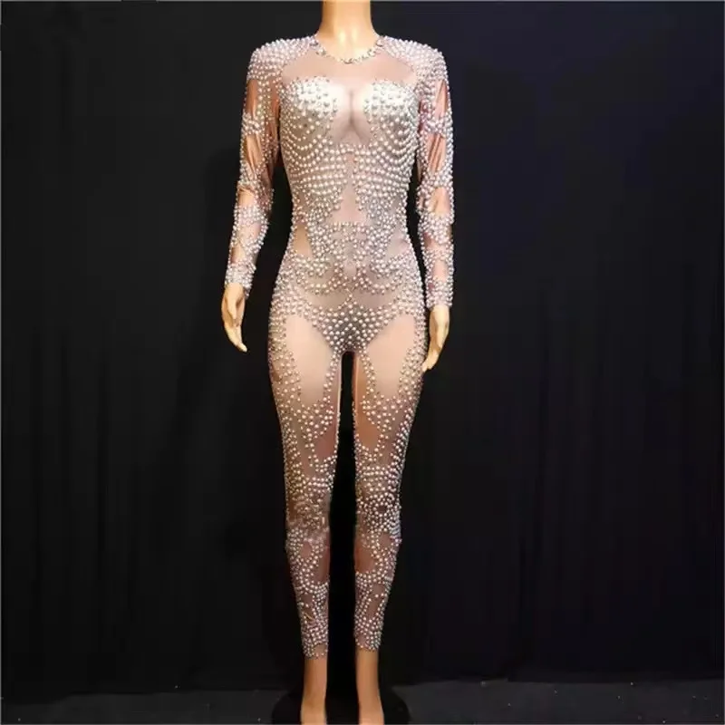 

Sexy Crystal Elastic Leotard Nightclub Prom Women Singer Show Stage Wear Shiny Rhinestones Pearl Jumpsuit Birthday Party Outfit