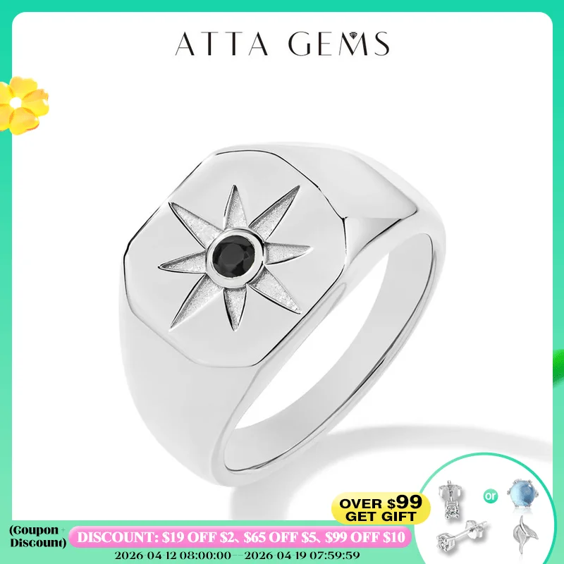 Anillo de sello vintage con estrella de 8 puntas ATTAGEMS para hombre, plata de ley S925, espinela negra, anillos para mujer, joyería punk, regalos para fiestas