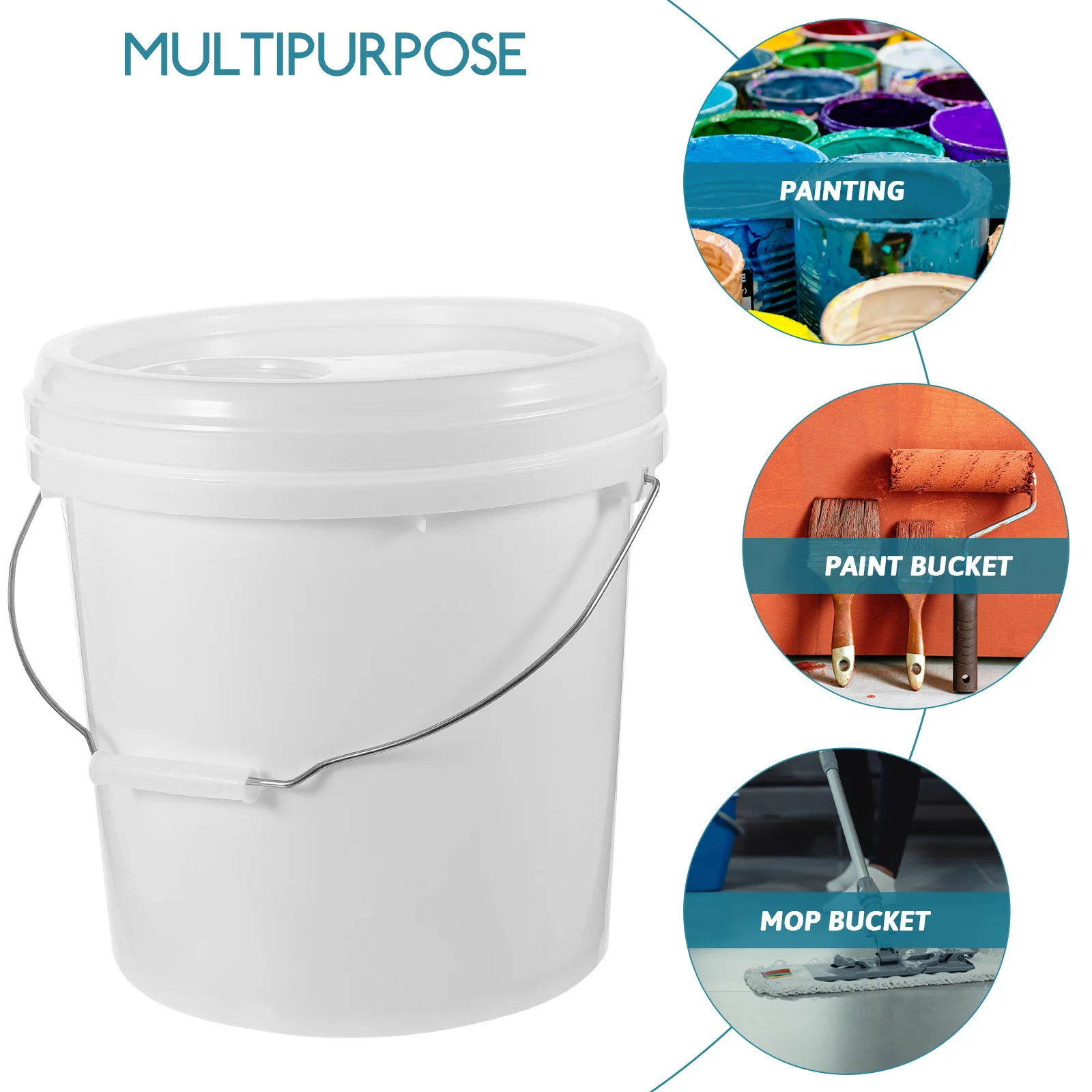 

White ABS Painting Bucket 2.2 Gallons 10L Round Container with Lid for Oil Water Food Grade Material Lightweight Iron Handle