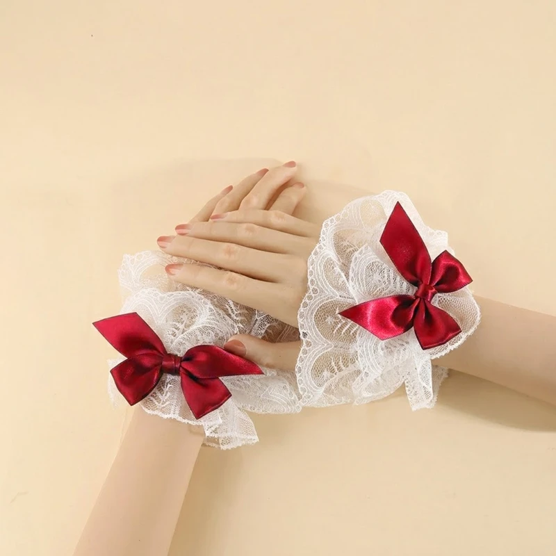 Sweet  Lolita Lace Bowknot Wrist Cuffs Bride Wedding Party Fake Sleeves Bracelet Girls Cosplay Costume Accessories