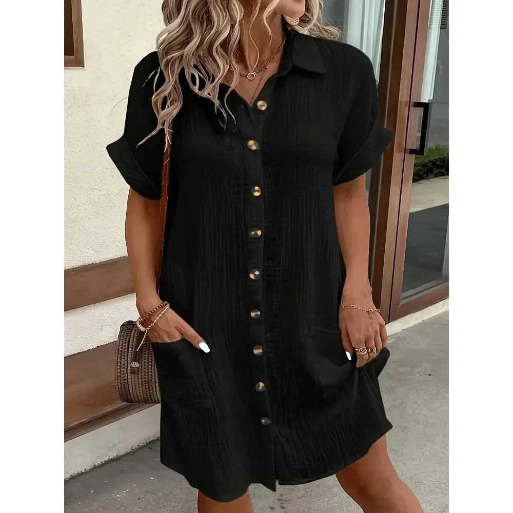 Tallas grandes 1XL-5XL Primavera y otoño Falda de vestido con botones de solapa simples de verano caliente europea y americana