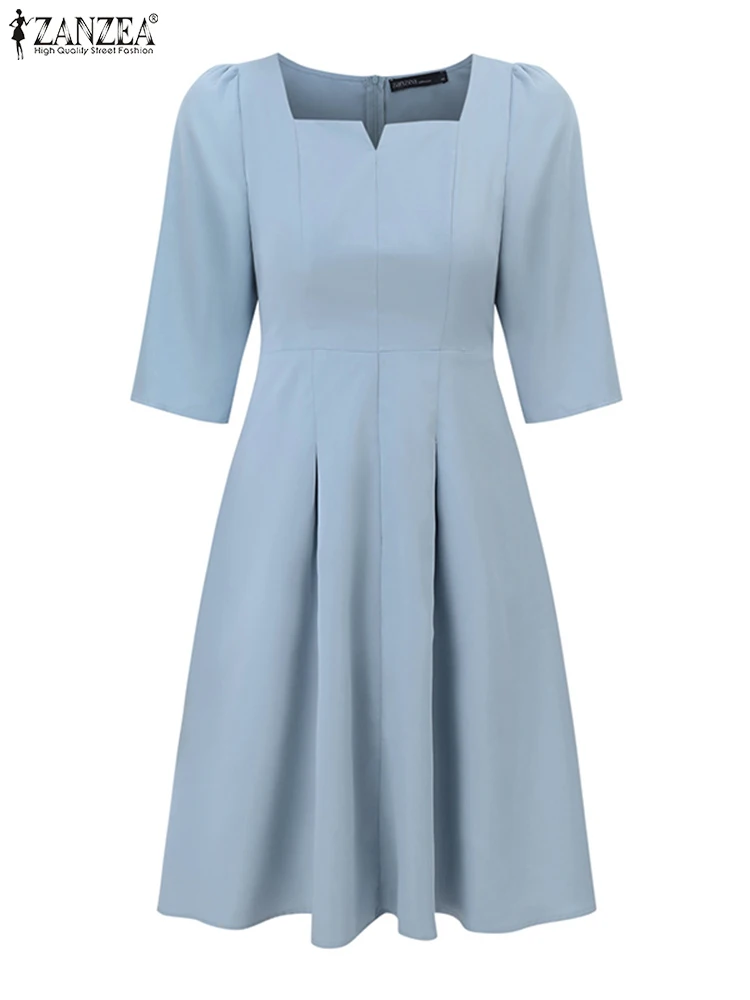 ZANZEA-Robe trapèze décontractée pour femme, mi-longue, manches mi-longues, col carré, robe d'été élégante, couleur unie, mode estivale, 2023