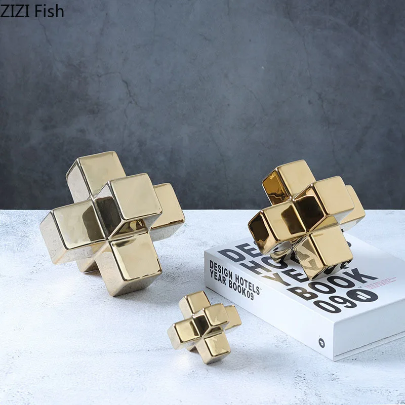 Creative Ceramic Crafts Geometric Cross Sculpture Golden Cube Quadrate Decorative Figurines Room Decoration Accessories