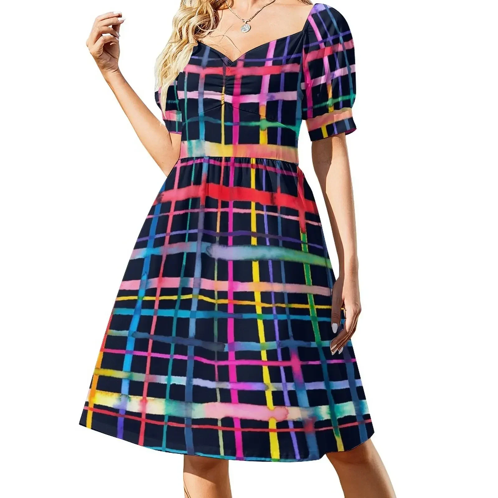 

Artistic geometric pattern - Multicolor checkered and striped pattern Short-Sleeved Dress Elegant gowns Woman dresses Dress