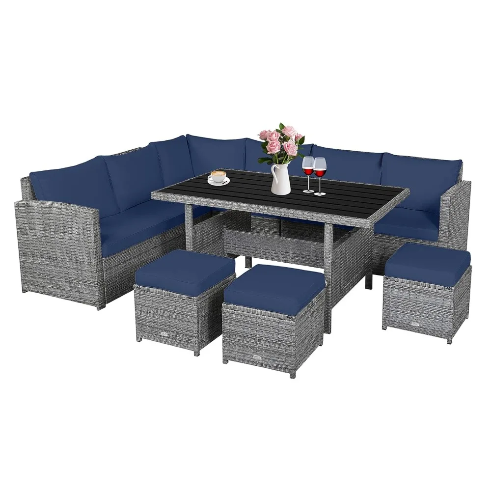 

7 Pcs Wicker Patio Furniture Set, Outdoor Rattan Sofa Set With Dining Table & Ottomans Soft Cushions For Backyard, Customized