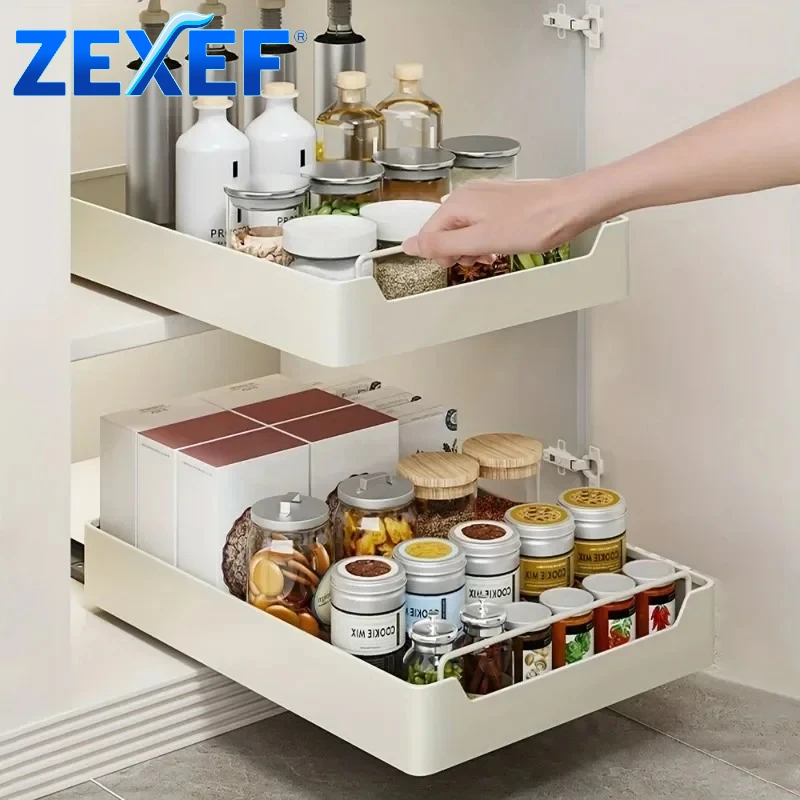 

ZEXEF Pull-out Kitchen Storage Rack with Slide Rails Drawer Type Storage Tray Spice Box Scalable Storage Rack Cabinets Organizer