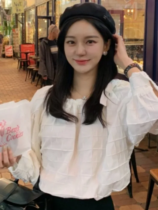 Sweet Versatile Dongda Gate irt Spring 2025 Square Collar Lantern Sve  Color Hooded Other Material 00% Women's Fas...