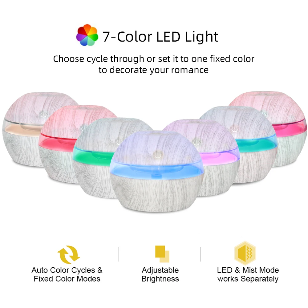 300ml 스마트 터치 제어 가습기 디퓨저, 7색 LED 무드등, USB 전원 쿨 미스트 (가정, 사무실, 요가용)