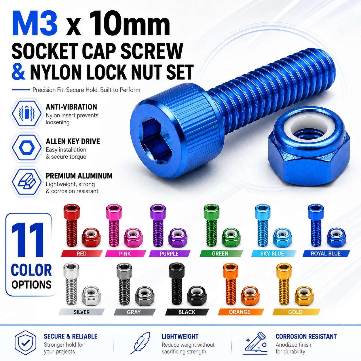 10-20Set M3 x 10mm Allen Socket Cap Bolt & Nylon Lock Nut Kit, Hexagon Head Screws with Nyloc Self-Locking Nuts Anti-Loose Faste