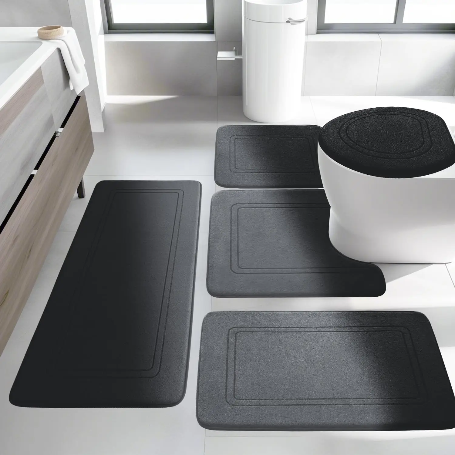 

5-Piece Non-Slip Absorbent Bath Mat Set, Quick-Dry Washable Memory Foam Rugs for Bathroom Floor