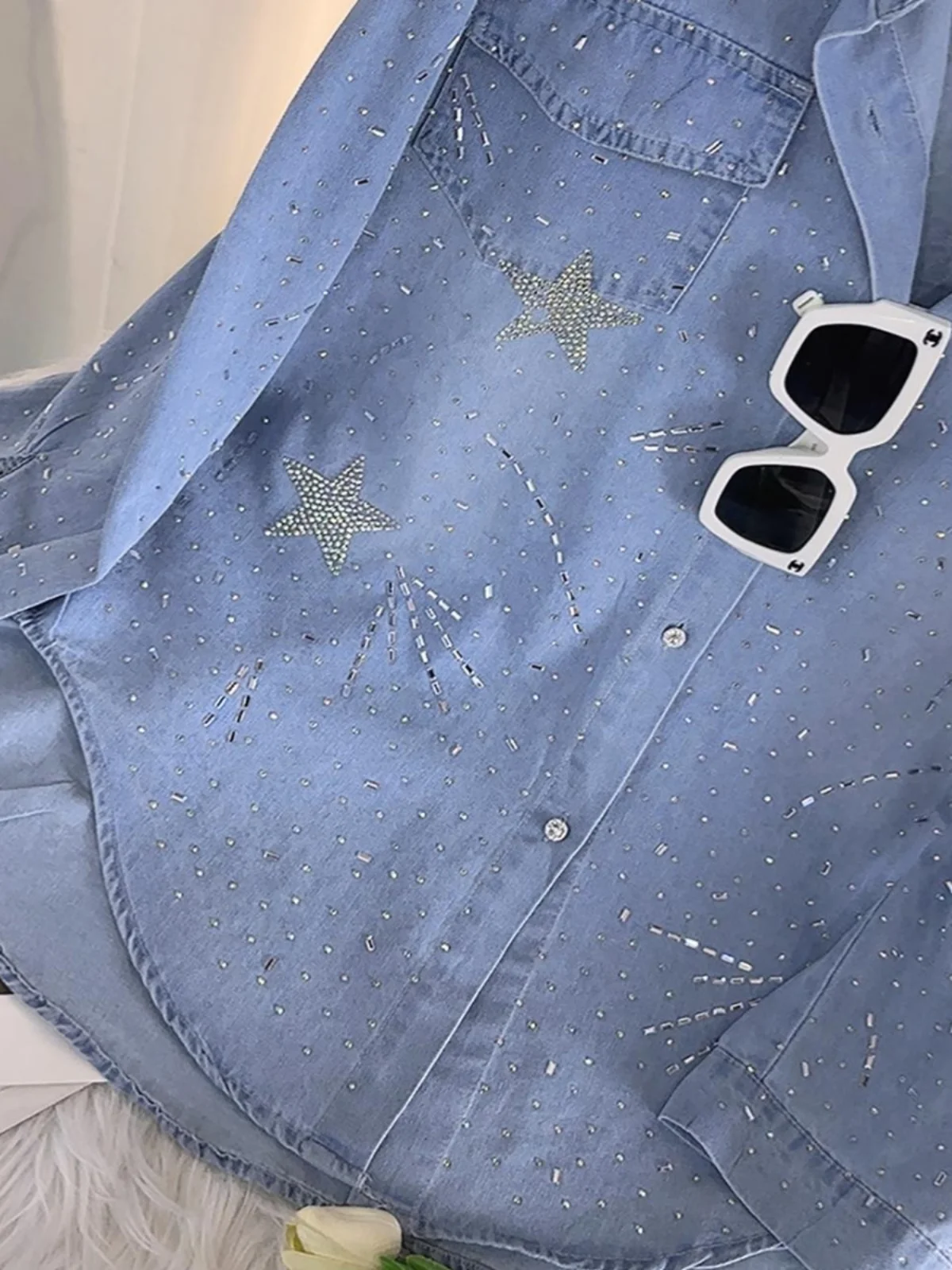 Trendy Feminine Hot Diamond Five-pointed Star Denim Shirt Jacket Women's 2024 Autumn New Chic Denim Shirt Loose Long Sleeve Tops