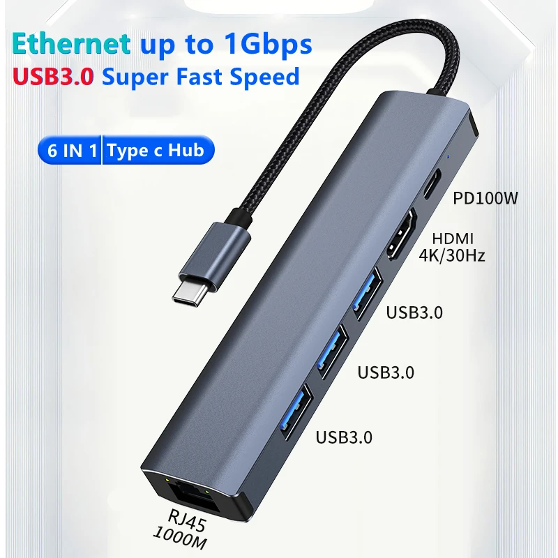 Док-станция 5/6 в 1, USB C, Gigabit 1000m, Ethernet, USB 3,0, HDMI, 4K, 100 Вт