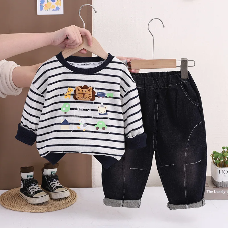 男の子服セット-0-5-歳-春秋-子供用-ストライプ-ライオン-プルオーバー-スウェットシャツとジーンズ-幼児男の子服-キッズスーツ