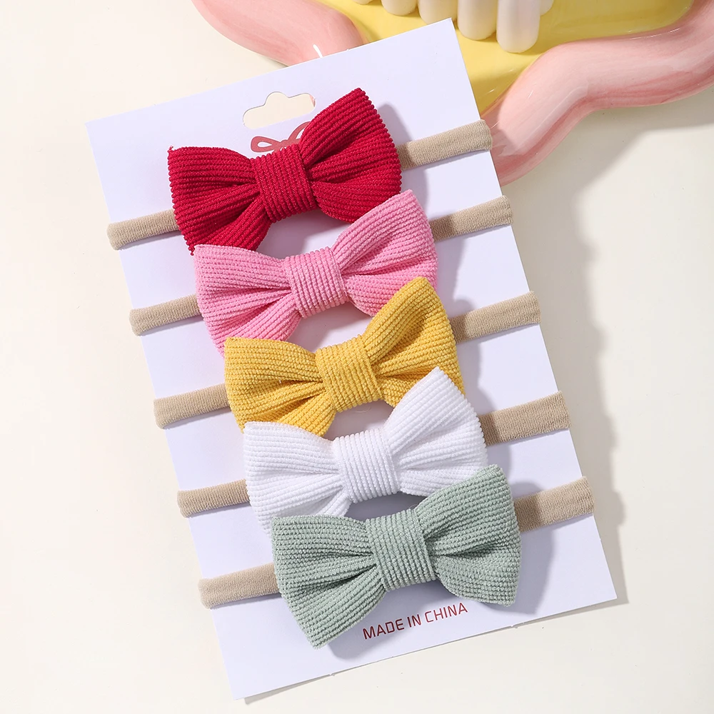 5Pcs/Set Fashion Lovely Bows Headbands Solid Corduroy Elastic Hair Bands Nylon Hairband Newborn Turban Headwear Baby girls