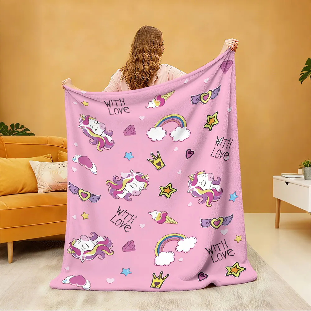 1 piece flannel blanket with a pink base and unicorn, heart, and rainbow patterns, suitable for all seasons and ideal as a gi
