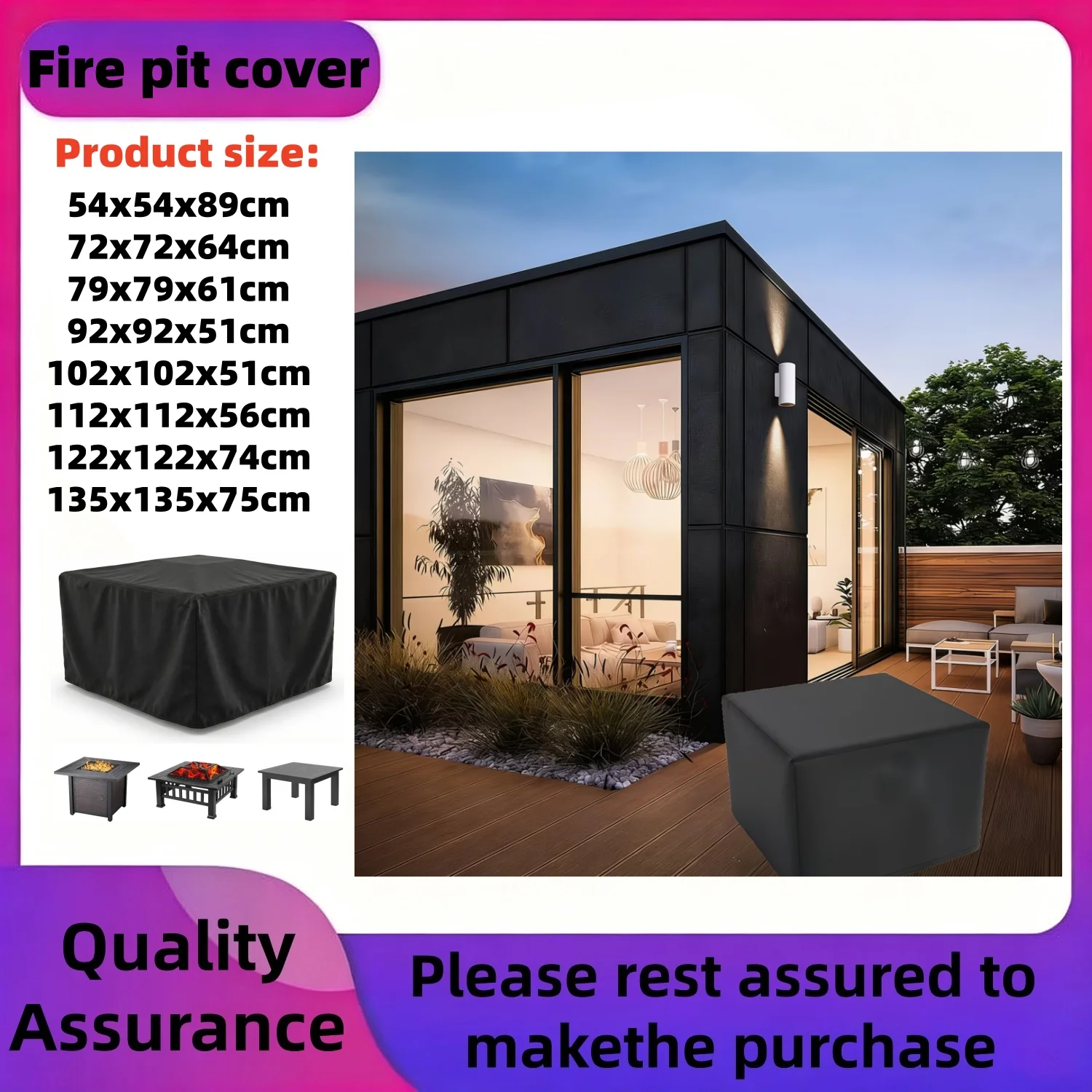 1pc Square Fire Pit Cover - Full Coverage Patio Fireplace Cover with Drawstring,Offer various sizes