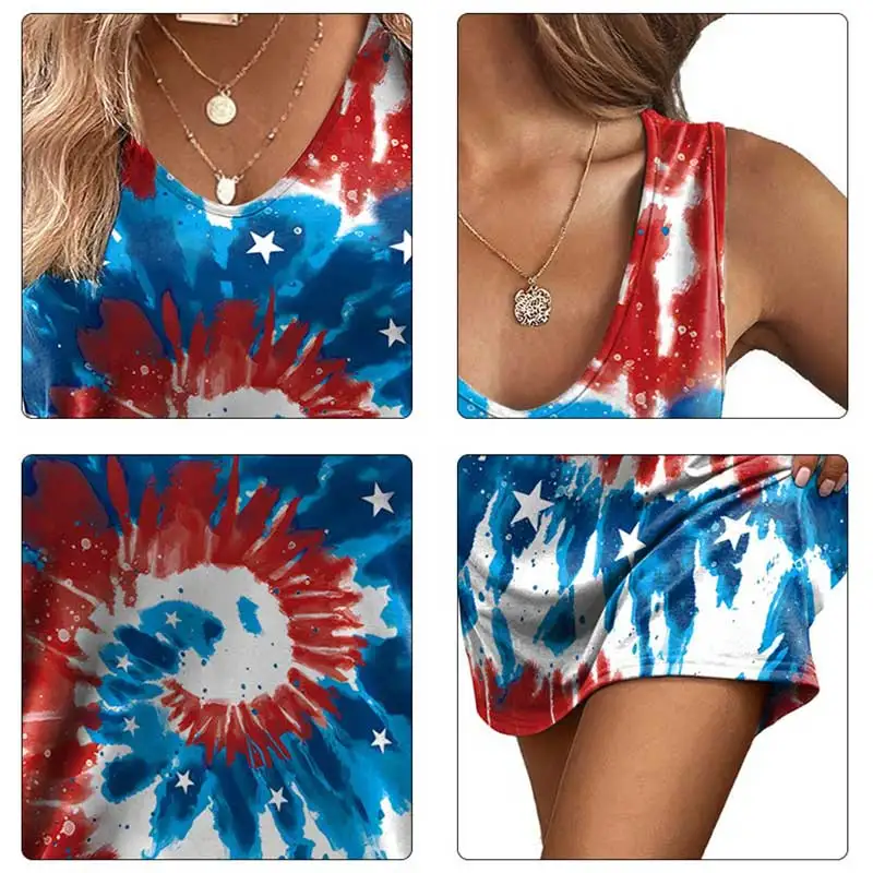 Women's Casual Sundress With Pockets Summer Mini Beach Dress Independent Day Printed T-Shirts Dress V Neck Loose Tank Dresses