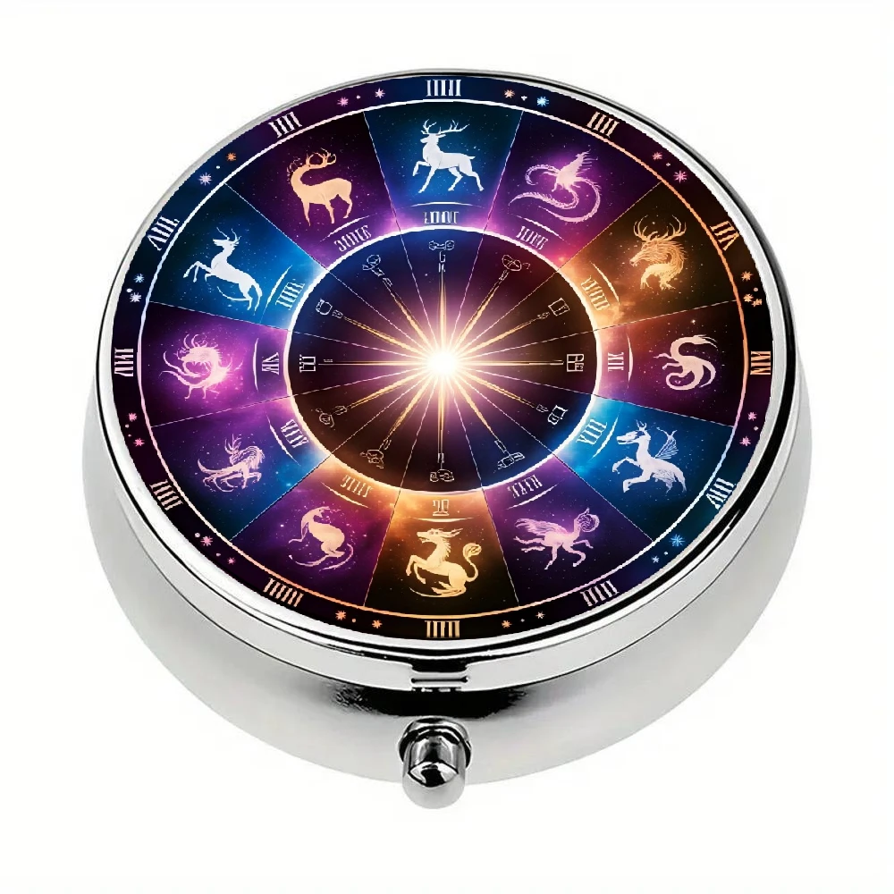 A two-dimensional pill box with a design featuring constellations and mythical creatures, featuring three compartments, suitable for daily use, travel, and outdoor activities, and is safe