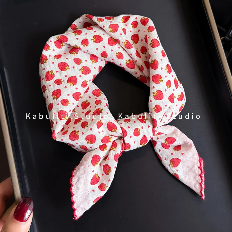 Red Strawberry Triangle Bandana Scarf for Girls Sun Protection Hair Wrap Neck Scarf Chiffon Lightweight Soft Breathable Daily