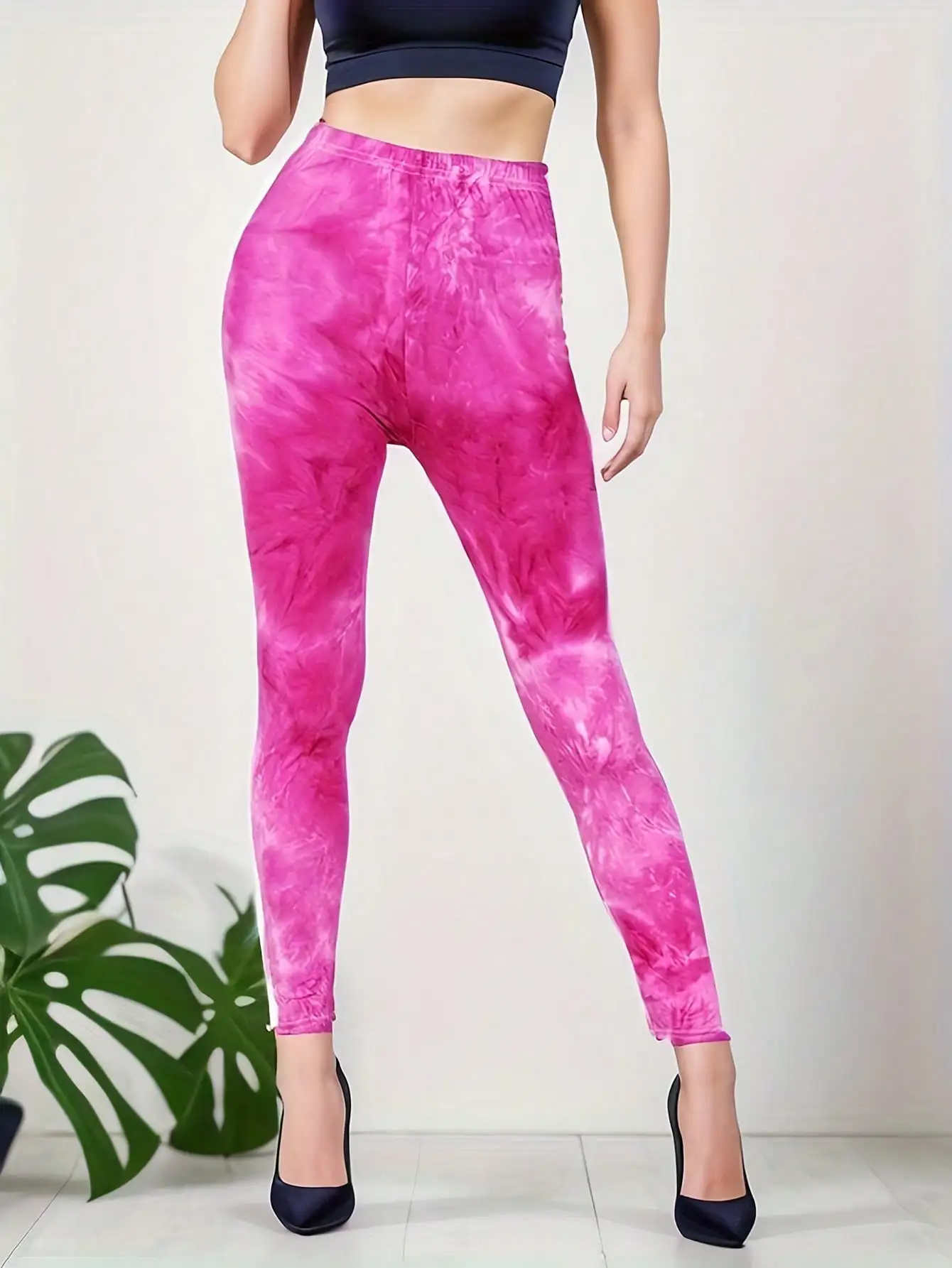 Fashionable And Casual Women's Tight Pants With High Elasticity Tie Dye Solid Color Pattern Fitness And Exercise Cropped Pants