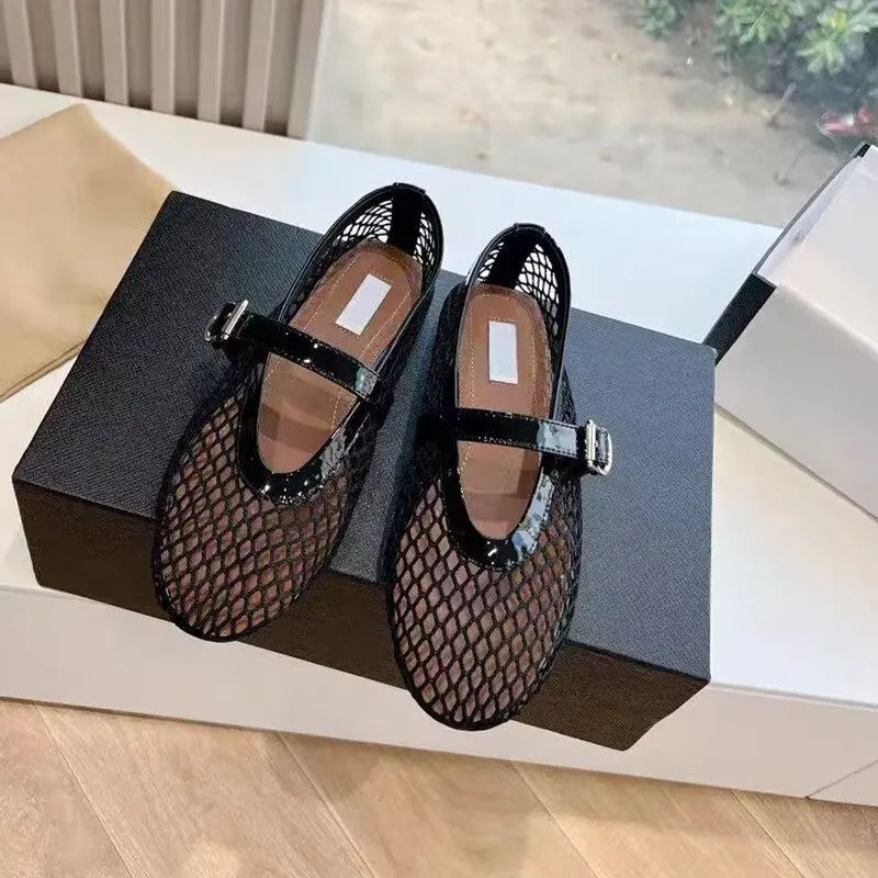 Designer Brand Original Mesh Buckle Ballet Sandals With Women's Hollow Flat Bottom Mary Jane Mesh Fishing Net Shoes