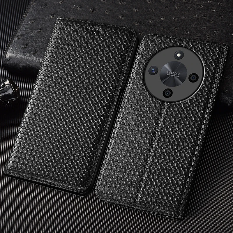 

Grid Pattern Genuine Flip Leather Case For Realme 9 10 11 12 13 14 14T 15 P3 P3X Pro Plus Ultra Phone Wallet Cover Cases