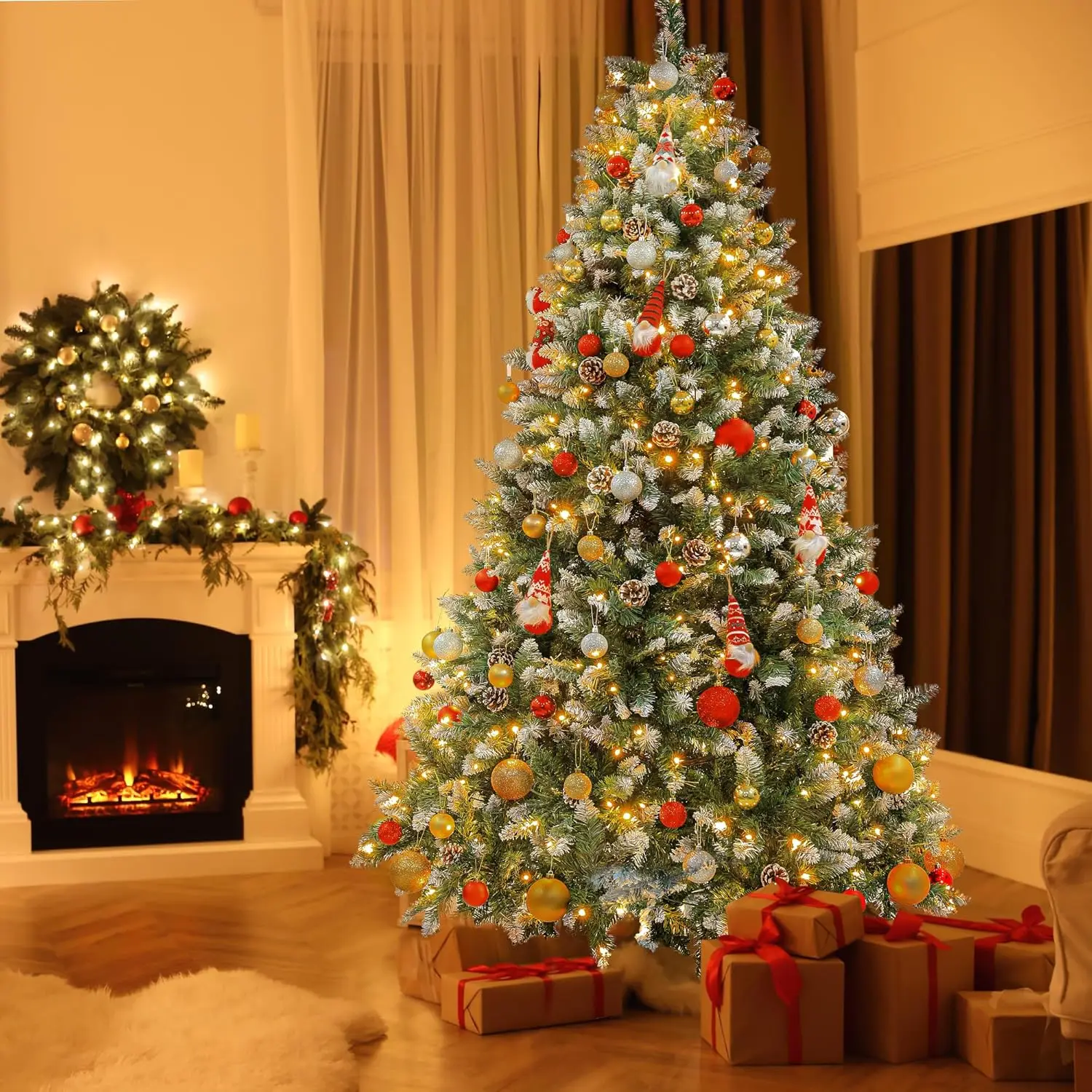 

7.5FT Artificial Christmas Tree, Pre-Lit Christmas Tree with 1296 Branch Tips, Pine Cones, Warm White Lights, 8 Lighting Modes,