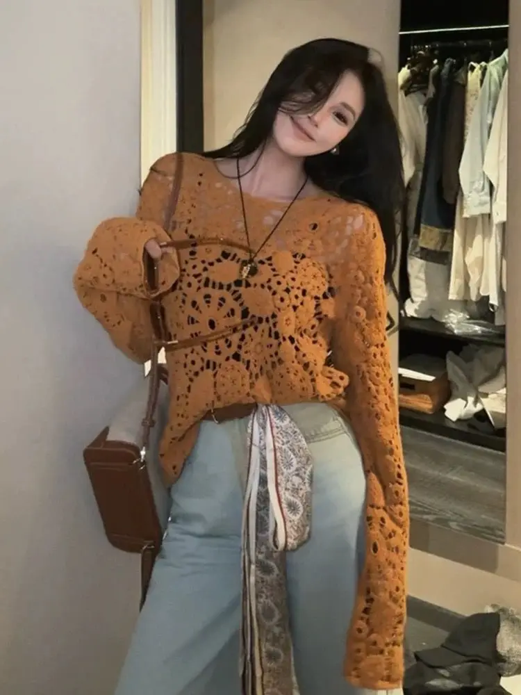 

Solid Hollow out Design Long-sleeved Knitted Sunscreen Tshirt For Women Autumn Loose Casual Long Blouse Female Tops