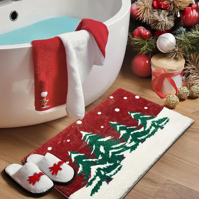 VIKAMA Christmas Snow Scene Bath Mat Red White Tree Non Slip Absorbent Bathroom Rug For Shower Tub Toilet Winter Decor