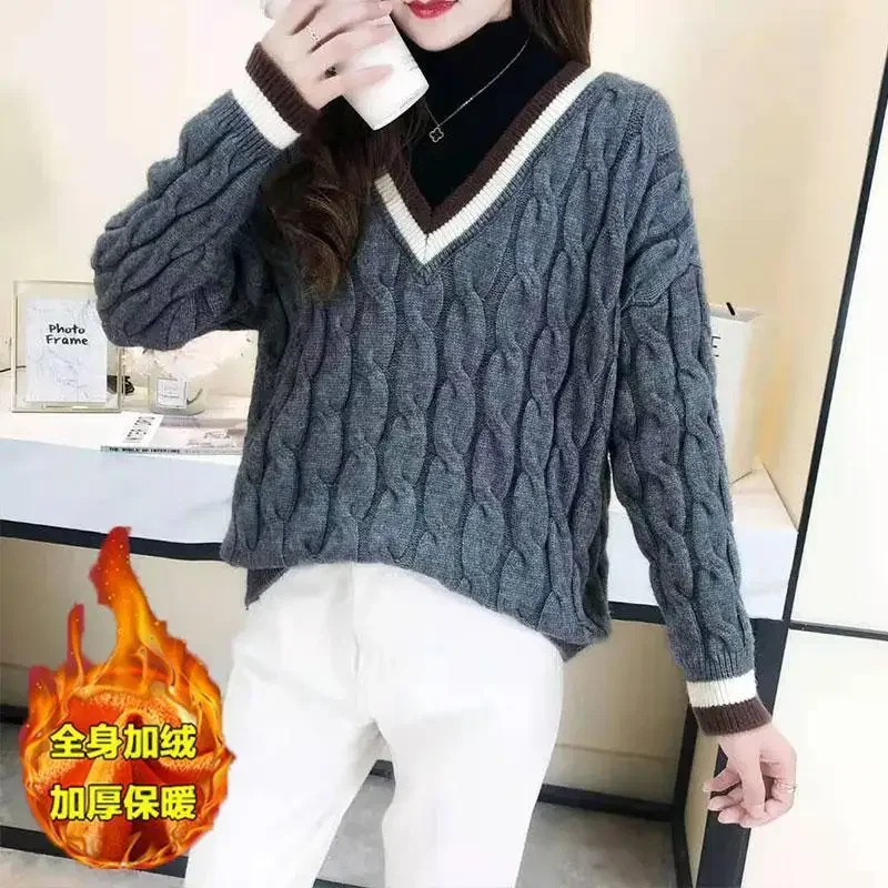 Women Trendy Patchwork Twist Streetwear Plush Thick Knitted Sweater Autumn Winter Casual Long Sleeve Loose Pullover Tops Jumpers