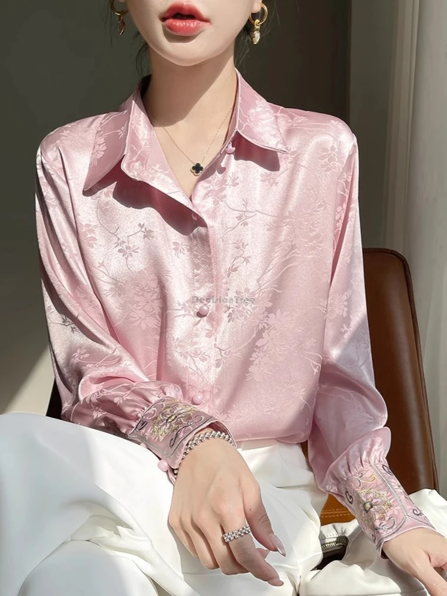 

2025 autumn new retro chinese style women elegant tang suit top design long sleeve embroidery shirt satin jacquard shirt top t01