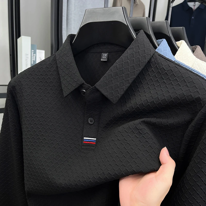 الاتجاه الفاخر الخفيف طويلة الأكمام قميص بولو للرجال أزياء العلامة التجارية شخصية متقلب طباعة بلون عارضة جديدة التلبيب تي شيرت #2