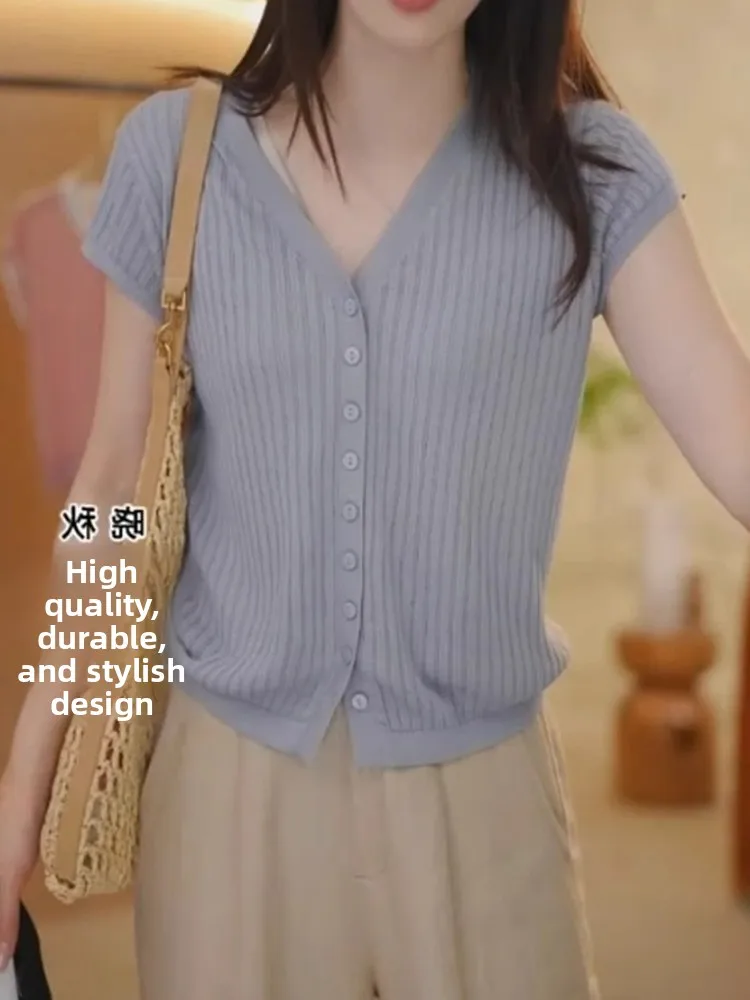 

Slimming Effect Ice Silk Knitted ort Sve T-irt Women's Thin Summer Unique Design Korean Sle Faionable Top