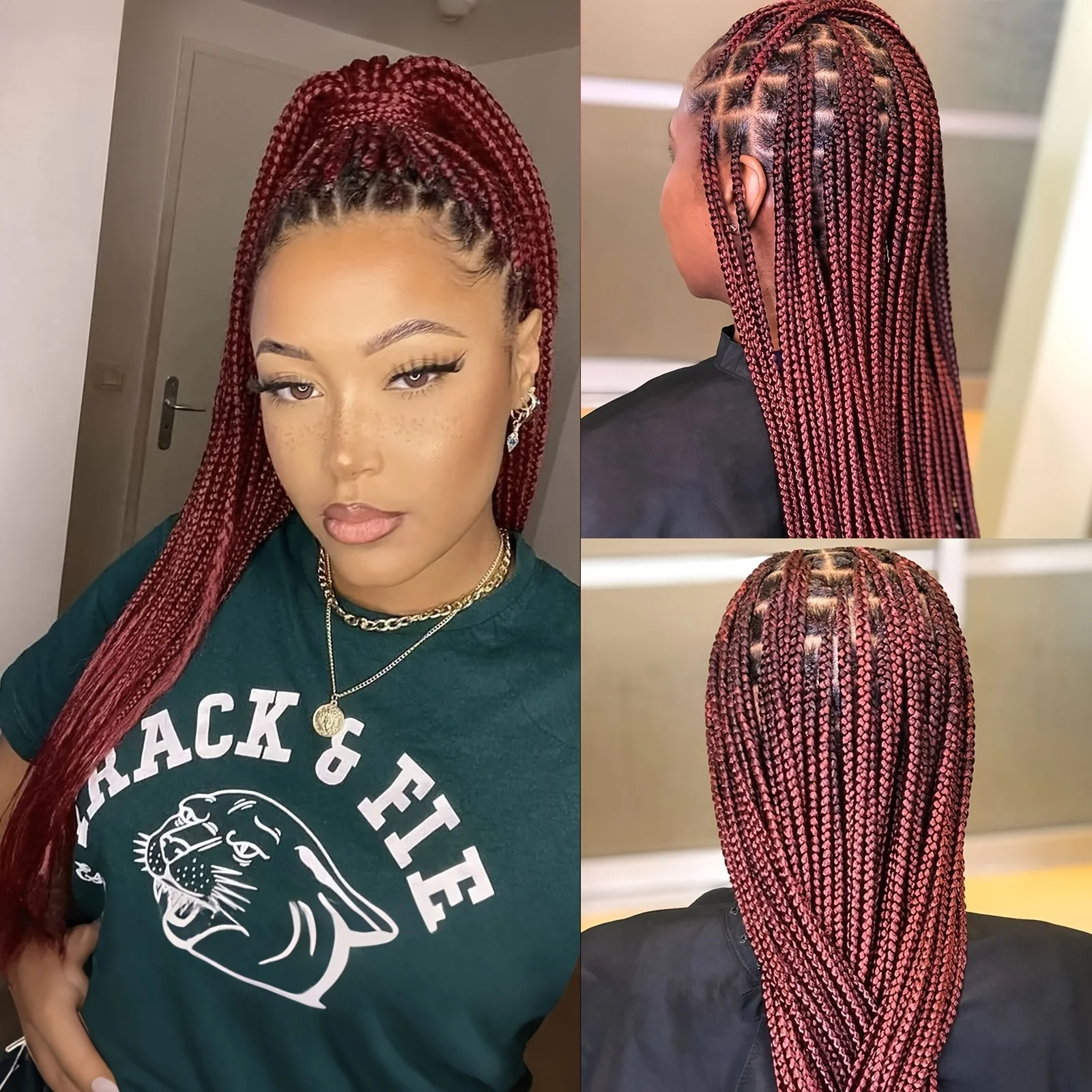 باروكة صناعية مضفرة باللون الأحمر العنابي - دانتيل أمامي كامل مع ضفائر صندوقية بدون عقدة، شعر مقاوم للحرارة للنساء #1