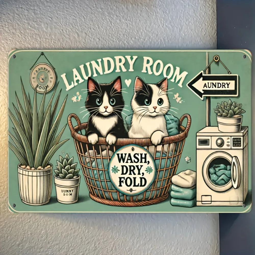 Vintage Metallschild für Waschküche |   Verspielte Wandkunst mit Katze und Waschmaschine für Männerhöhle, Garage, Bar, Zuhause
