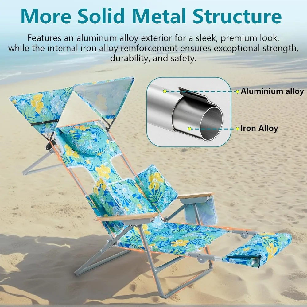 Lettino da spiaggia 4 in 1 con baldacchino, sedia abbronzante, fori per il viso e le braccia, cuscino lombare, braccioli in legno di faggio per un massimo rilassamento