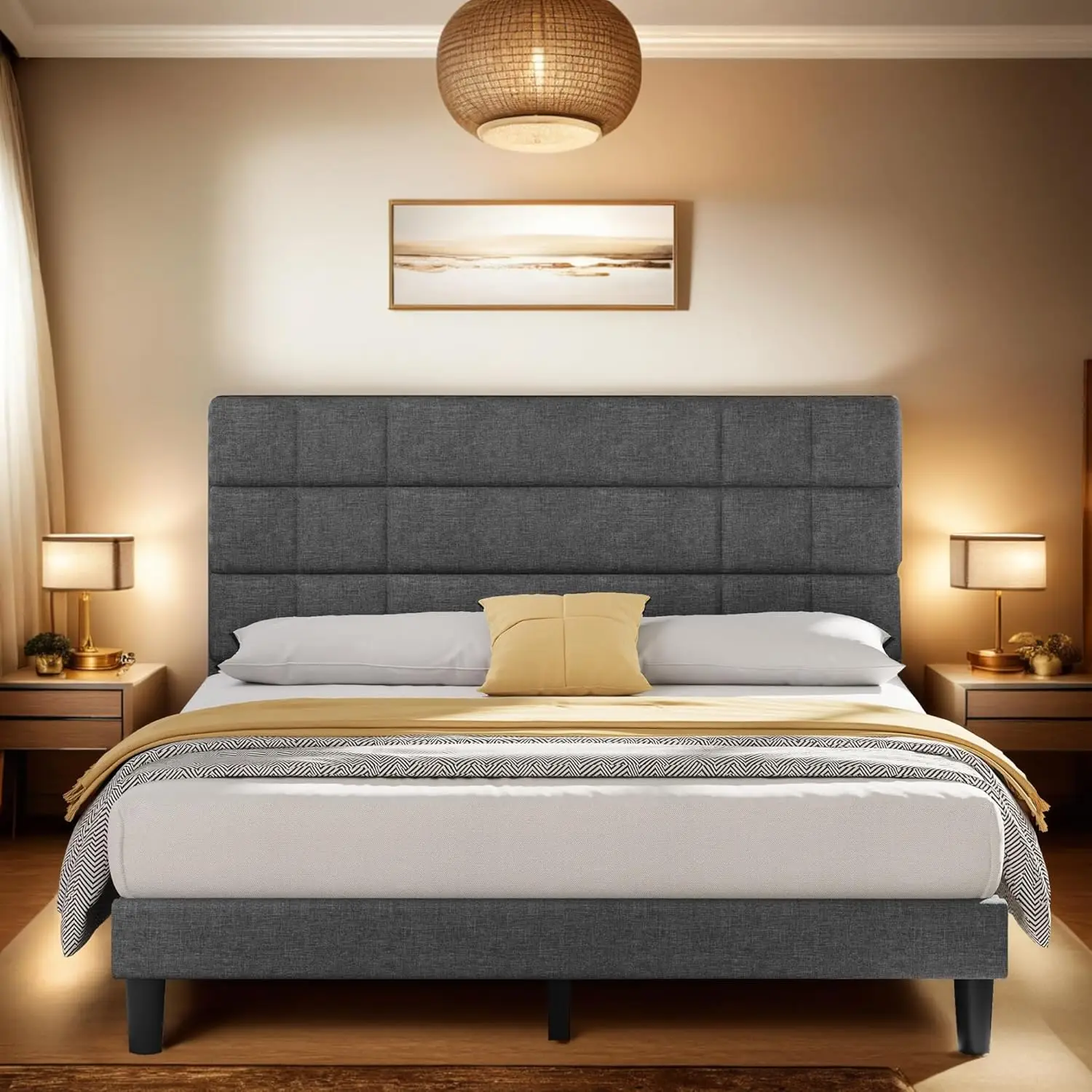 

Каркас кровати на платформе с изголовьем с тканевой обивкой, фундамент для матраса с опорой из деревянных планок, без шума/без коробчатой пружины