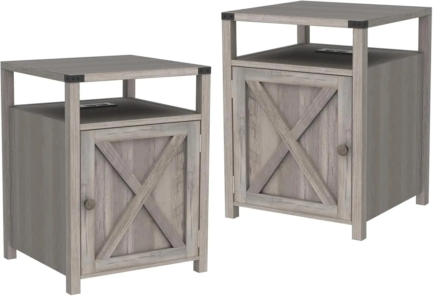 Farmhouse Nightstand Set of 2 with Charging Station, Rustic End Table Bedroom with Storage Living Room Side Table Dark Oak