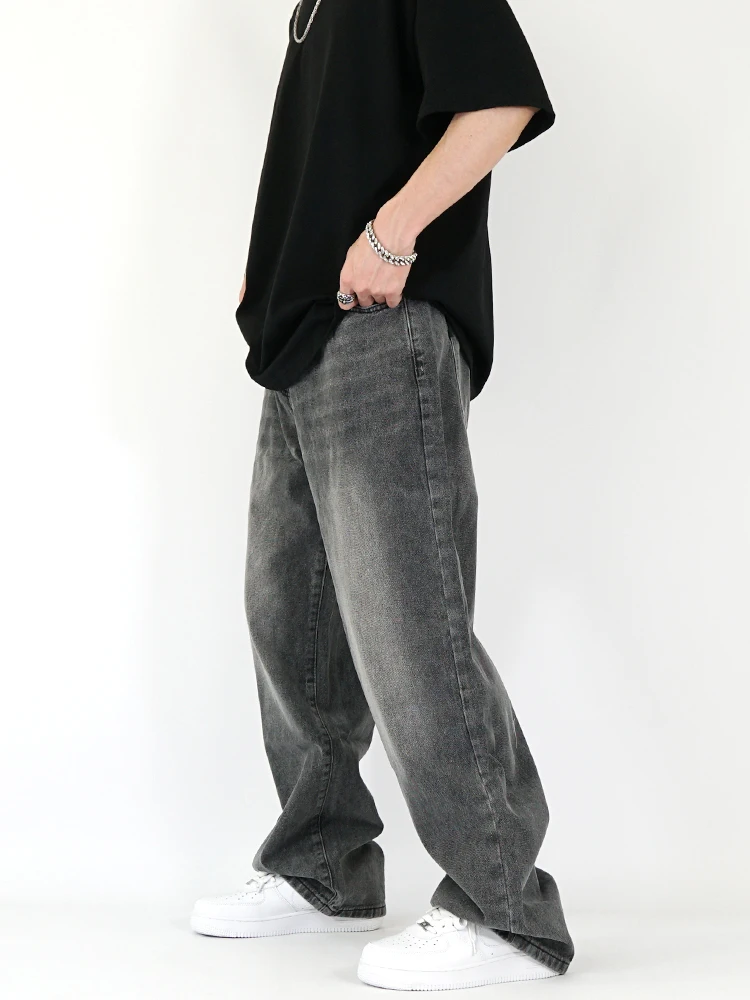 

American Retro e ey Elastic Waist Jeans Men Women Floor Length Loose Straight Wide Leg Pants Casual Straight Fit