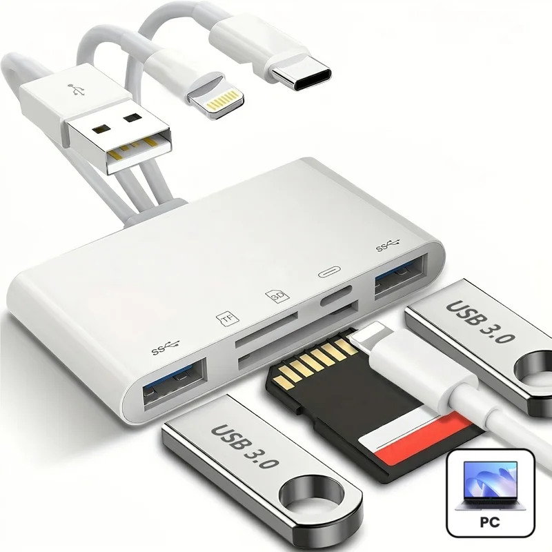 Multifunctional 5‑in‑1 Memory Card Reader, Type‑C to USB‑A Connector, SD & Micro‑SD Dual Slot for Phone, Tablet, PC