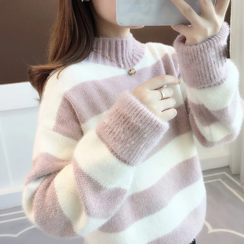 

women's half turtleneck thickened new loose striped sweater