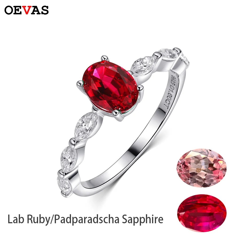 

OEVAS 1CT Lab Grown Ruby/ Padparadscha Sapphire Ring 100% S925 Sterling Silver with Moissanite for Women Wedding Party Jewelry
