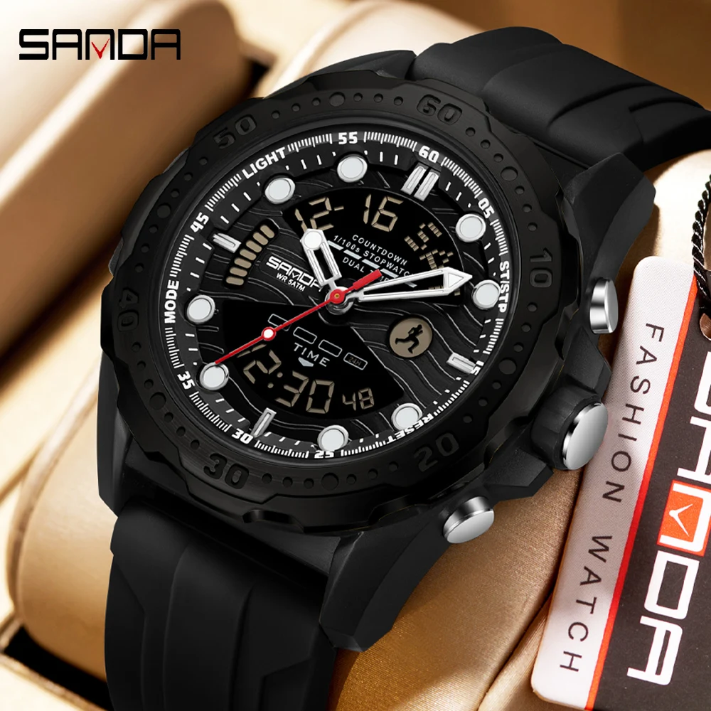 Zegarek męski SANDA LED Luxury, podświetlany, z datownikiem, podwójnym czasem, wyświetlaczem cyfrowym, alarmem, elektroniczny, kwarcowy, zegarki męskie Reloj