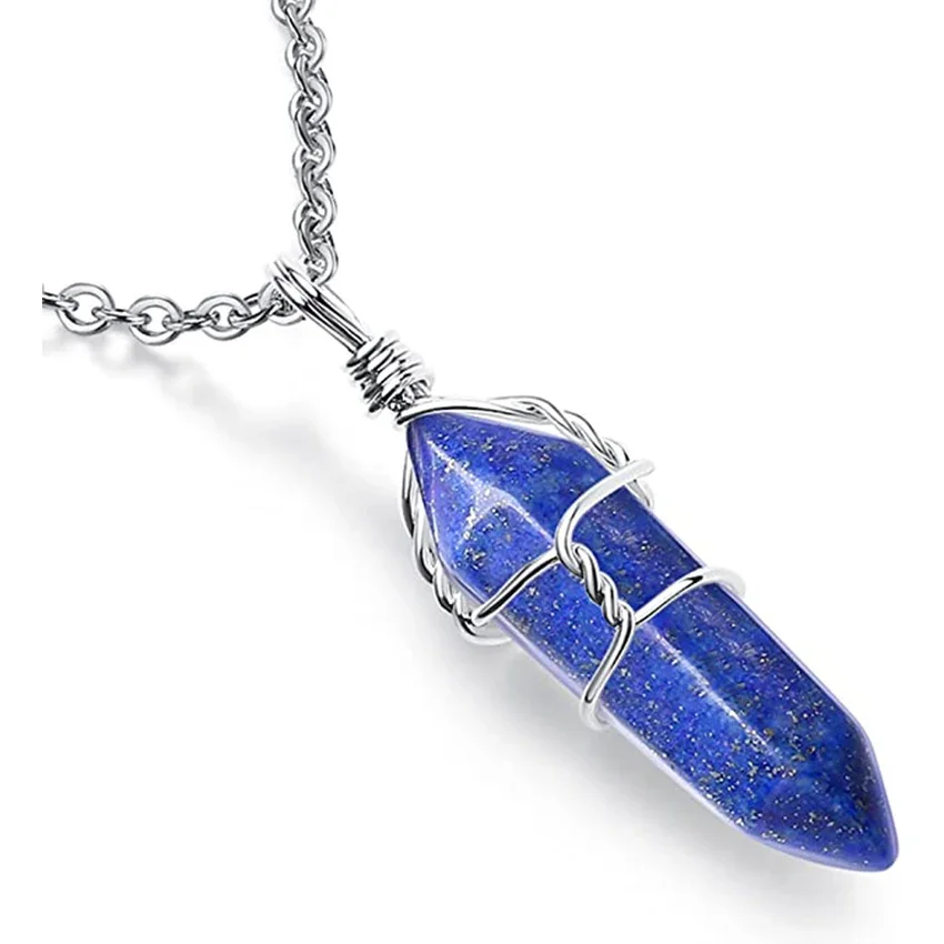 Natural Lapis Lazuli Crystal Stone Pendant Reiki Healing Hexagon Tree of Life Moon Wire Wrapped Pendant Pendulum Jewelry